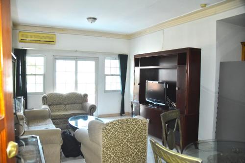 a living room with a tv and a couch and chairs at Embassy Deluxe apartment in Kingston
