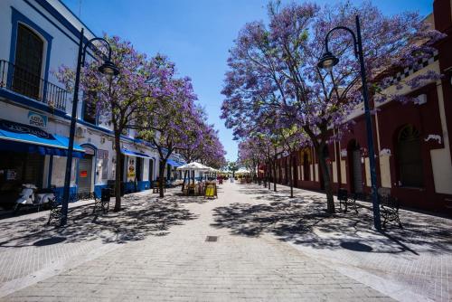 une rue pavée avec des arbres aux fleurs violettes dans l'établissement Atelier Art & Suite, à Ayamonte