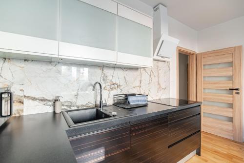 a kitchen with a sink and a counter top at Villa Garden Żołnierska in Olsztyn