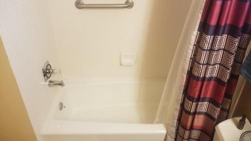 een badkamer met een bad en een douchegordijn bij The perfect place . . . here it is! in Las Cruces