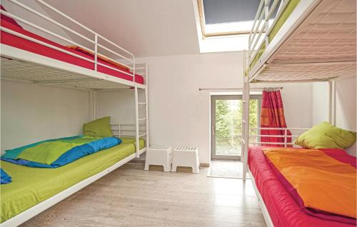 2 Etagenbetten in einem Zimmer mit Fenster in der Unterkunft Les Brumes in Manhay