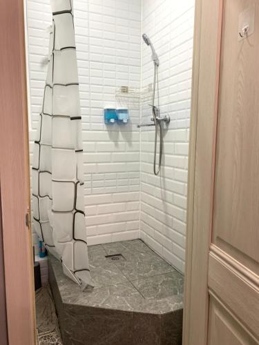 W łazience znajduje się prysznic ze szklanymi drzwiami. w obiekcie Magistral w mieście Biszkek