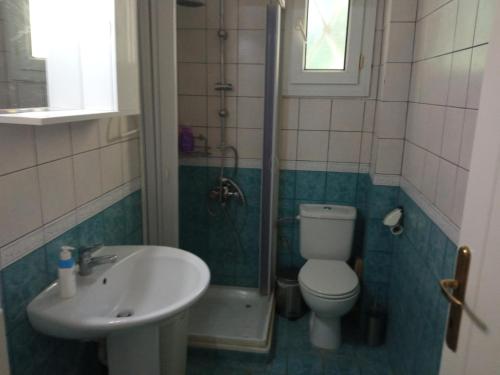 a bathroom with a sink and a toilet and a shower at Fully Furnished Cozy Stay in Thérmi