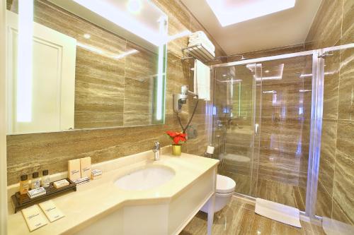 a bathroom with a sink and a toilet and a shower at Büke Hotel in Istanbul