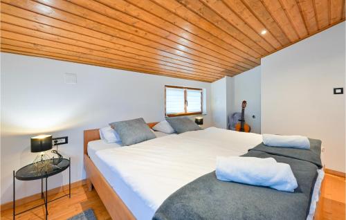 ein Schlafzimmer mit einem großen weißen Bett und einer Holzdecke in der Unterkunft Lovely Home In Donja Poljana With Sauna in Donja Poljana