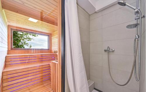ein Bad mit einer Dusche und einem Fenster in der Unterkunft Lovely Home In Donja Poljana With Sauna in Donja Poljana