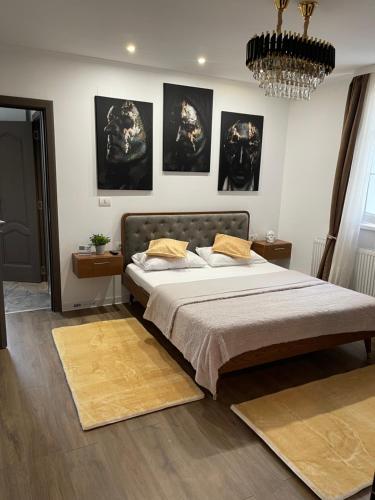 a bedroom with a large bed with posters on the wall at Meta Port Apart in Timişoara