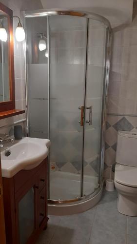 een badkamer met een douche, een wastafel en een toilet bij AlaiSuberri in Oronz