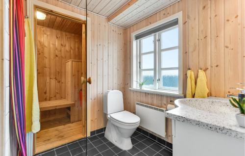 Bjerregårdにある3 Bedroom Gorgeous Home In Hvide Sandeのバスルーム(トイレ、洗面台付)、窓が備わります。