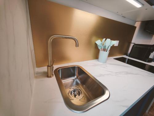 - un comptoir de cuisine avec évier dans la chambre dans l'établissement Le Chic, à Ivry-sur-Seine