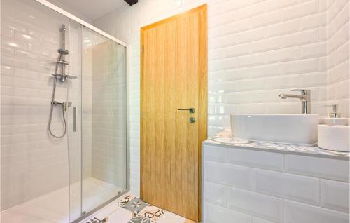 a bathroom with a shower and a wooden door at Stunning Home In Konjscina With House A Panoramic View in Husinec