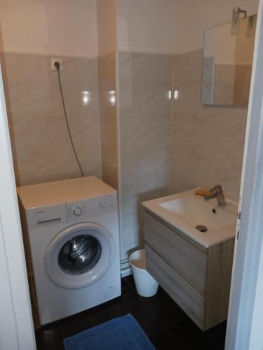 W łazience znajduje się pralka i umywalka. w obiekcie T2 50m2 résidence les Acacias Vue Dégagée Montagne w mieście Ax-les-Thermes