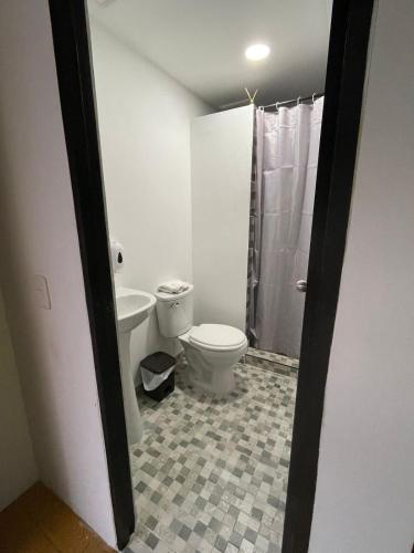 a bathroom with a toilet and a shower at Hostal Villa del Sol in Salento