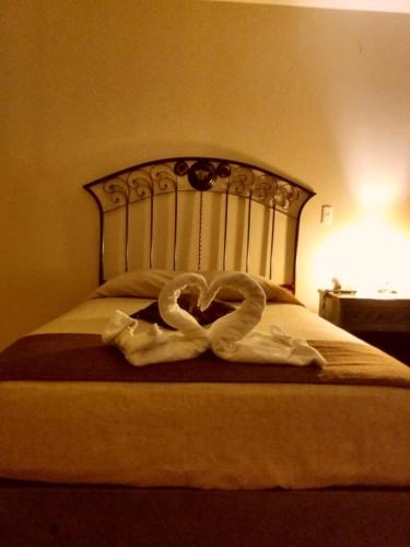 a pair of swans forming a heart on a bed at HOTEL PLAZA PACHUCA in Zapotlán de Juárez