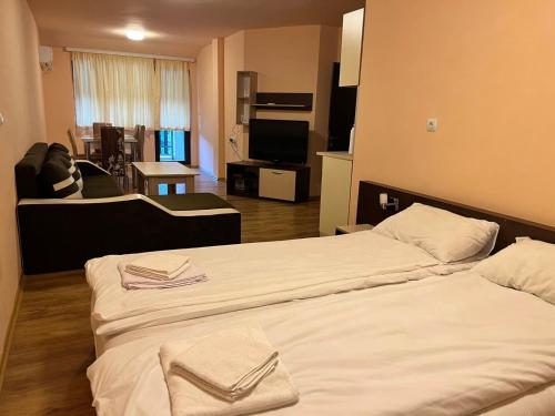 Habitación de hotel con 2 camas y TV en Апартамент Lake, en Tryavna