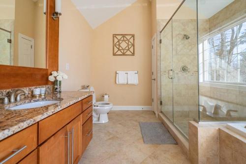 a bathroom with a shower and a sink and a toilet at Luxury 4 bedroom house in Pocono Mountains with Hottub in Golf Course Near Lake in Tobyhanna