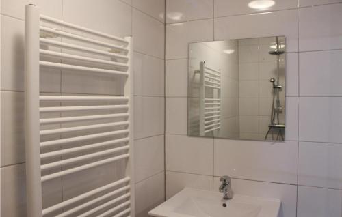 een witte badkamer met een wastafel en een spiegel bij Boerenzwaluw in Kamperveen