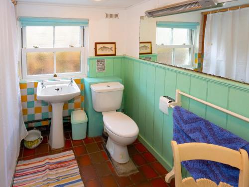 a bathroom with a toilet and a sink and a mirror at Yellow - Uk43117 in Clynnog-fawr