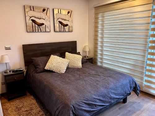 una camera con un letto e due quadri appesi al muro di Lindo y Confortable departamento en Pucón a Pucón