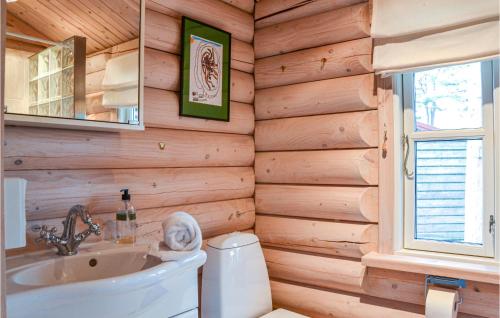 ホーンバックにあるPet Friendly Home In Hornbk With Kitchenのバスルーム(木製の壁、トイレ、洗面台付)