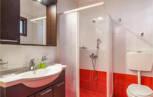 a bathroom with a shower and a sink and a toilet at Stunning Home In Kokari With Kitchen in Kokkari