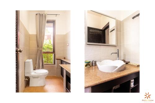 two pictures of a bathroom with a toilet and a sink at Sunshine Residence in Baan Tai