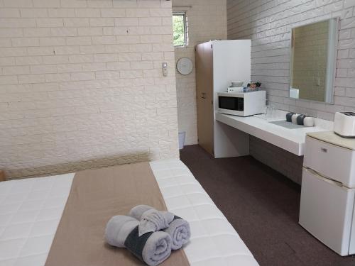 a bathroom with towels on the floor next to a sink at Jillaroo Motor Inn in Glen Innes