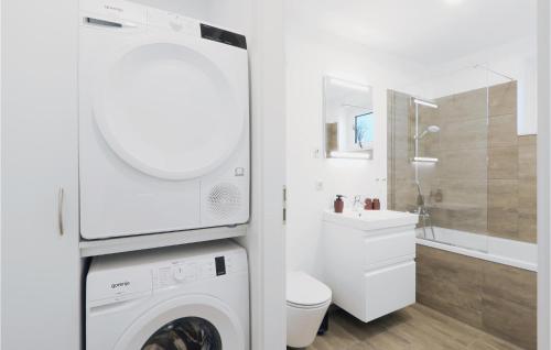 倫布魯的住宿－Cozy Home In Lembruch-dmmer See With Sauna，白色的浴室设有洗衣机和烘干机。