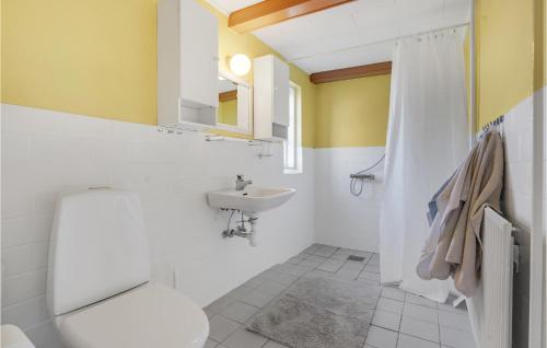 Stunning Home In Nordborg With Kitchen في نُوابورغ: حمام به مرحاض أبيض ومغسلة