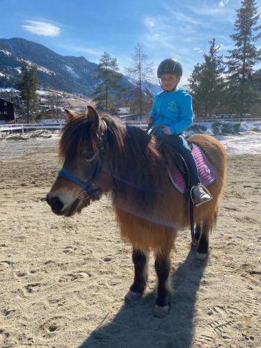 a young child is sitting on a small pony at Apartment Haus Christina in Großkirchheim