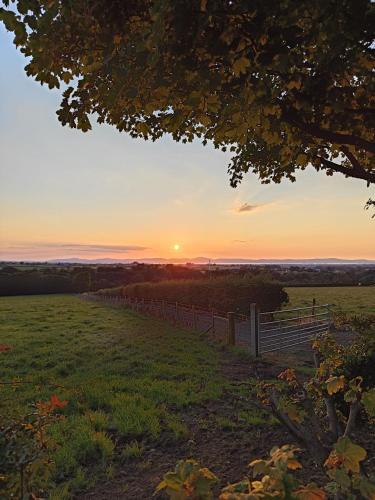 a sunset over a field with a fence at Branch cottage in Limavady