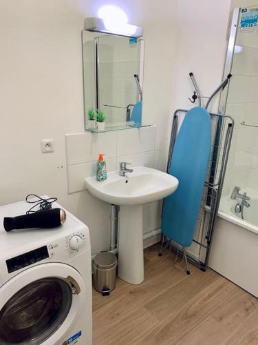 une salle de bain avec un lavabo et une machine à laver dans l'établissement pourquoi notre T3 avec parking est pour vous ?, à Lille