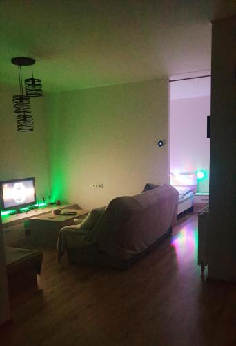 a living room with a couch and a green wall at Apartmán Bambuľka in Slovenská ľupča