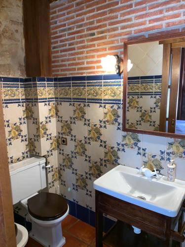 a bathroom with a toilet and a sink and a mirror at Hostal Rural Las Nubes in Salas de los Infantes