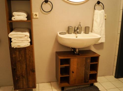 a bathroom with a sink and a shelf with towels at Wohlfühlen in Lutherstadt Wittenberg inkl. Netflix in Lutherstadt Wittenberg