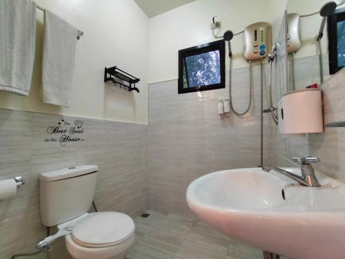 TV y baño con aseo y lavamanos. en Hidden Valley en Siquijor