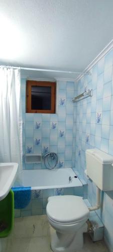 a blue bathroom with a toilet and a sink at Anchialos seafront appartement in Néa Ankhíalos