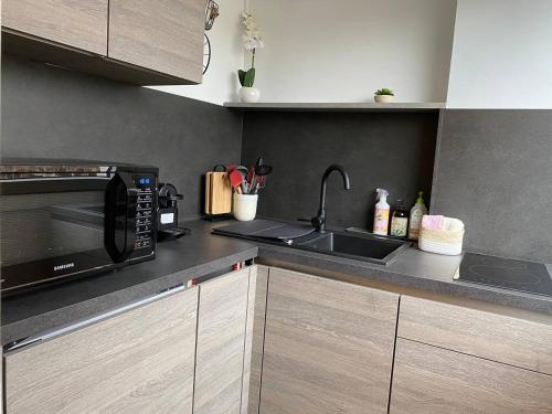 eine Küche mit einer Spüle und einer Mikrowelle in der Unterkunft Studio Montaigne in Lüttich
