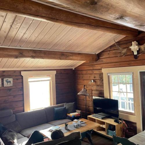 a living room with a couch and a table at Villa Fregn in Ljørdal