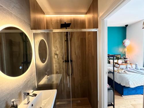 a bathroom with a shower and a sink and a bed at Flamingo Lodge in Torquay