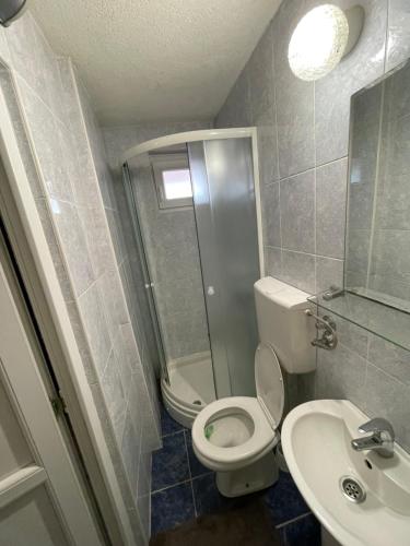ein Bad mit einem WC, einer Dusche und einem Waschbecken in der Unterkunft Apartment La Romana in Podgorica