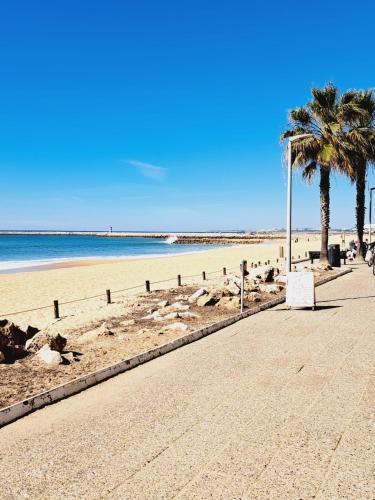 a sandy beach with palm trees and the ocean at T1, proche plage et commerces in Quarteira