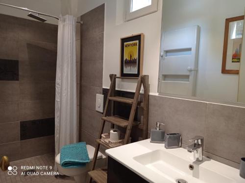 une salle de bain avec un lavabo, des toilettes et un miroir dans l'établissement La Maison de Maïté, à Cheval-Blanc