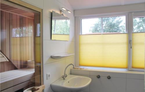 een badkamer met een wastafel, een douche en een raam bij Buitengoed Het Lageveld - 93 in Hoge-Hexel