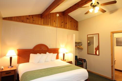 een slaapkamer met een bed, 2 lampen en een spiegel bij Oakhurst Lodge in Oakhurst