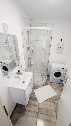 a bathroom with a shower and a sink and a toilet at Apartma4us in Maribor