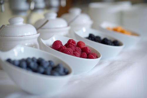 a row of white bowls filled with raspberries and blueberries at Terme Preistoriche Resort & Spa in Montegrotto Terme