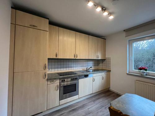 a kitchen with wooden cabinets and a sink and a window at Dill Apartments Peine in Peine