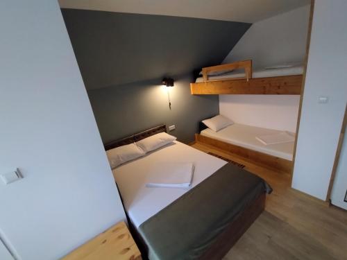 a small room with two bunk beds in it at Pensiunea Balea Sat in Cârțișoara