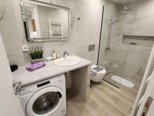 y baño con lavadora y lavamanos. en Nice Apartment near Flisvos, en Atenas